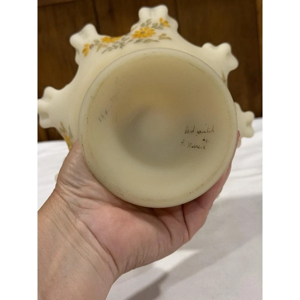 Fenton Satin Custard Compote Pedestal Ruffle Top Candy Dish Bowl Hand Painted